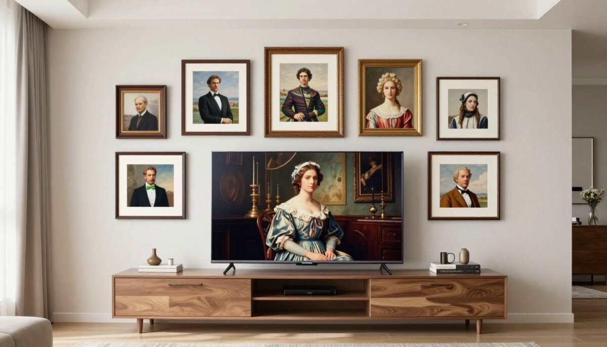 Samsung Frame TV displaying artwork integrated seamlessly into gallery wall arrangement