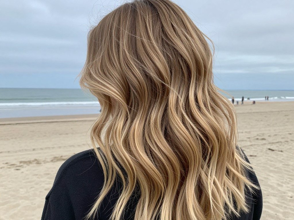 Sandy blonde balayage on brown hair with neutral beige tones