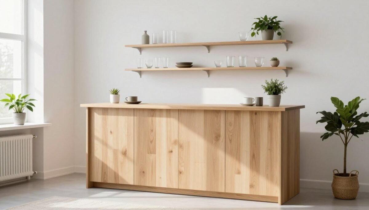 Scandinavian style light wood bar with open shelving demonstrating built-in bar ideas