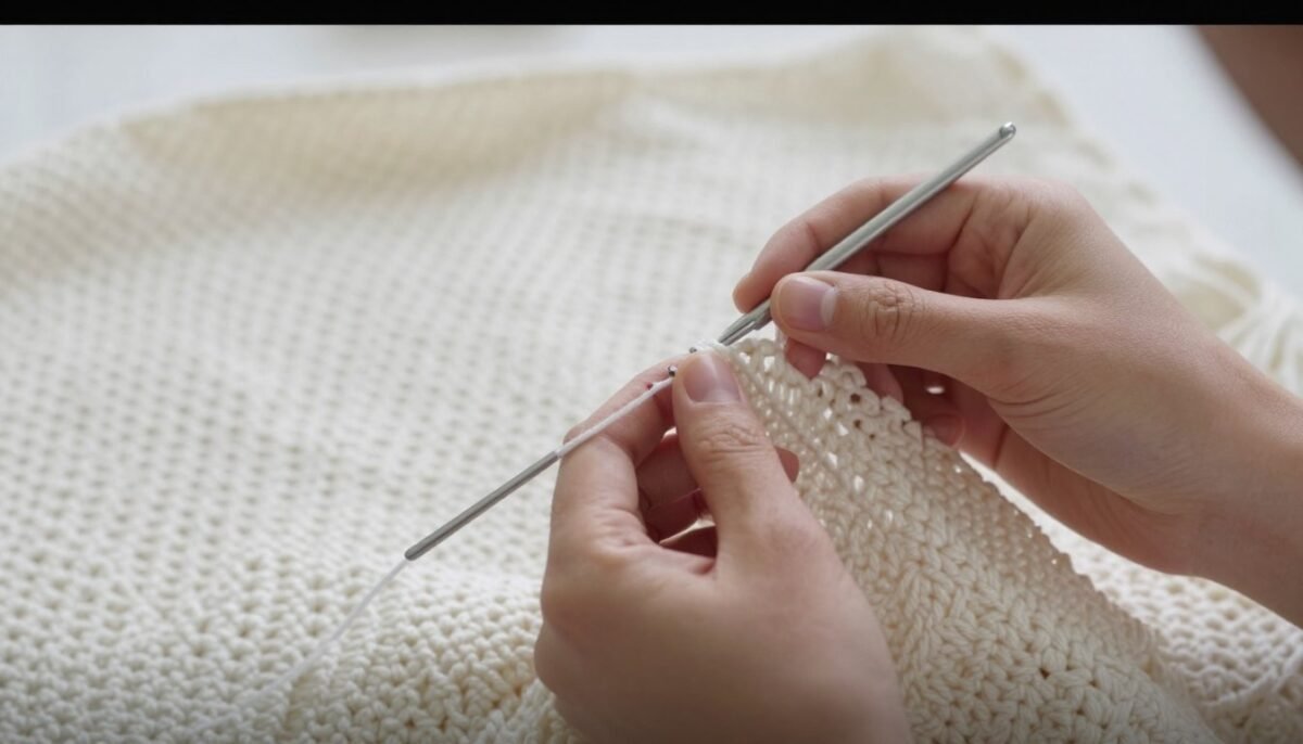 Screenshot of video tutorial showing hands working on Kate's Blessing Blanket