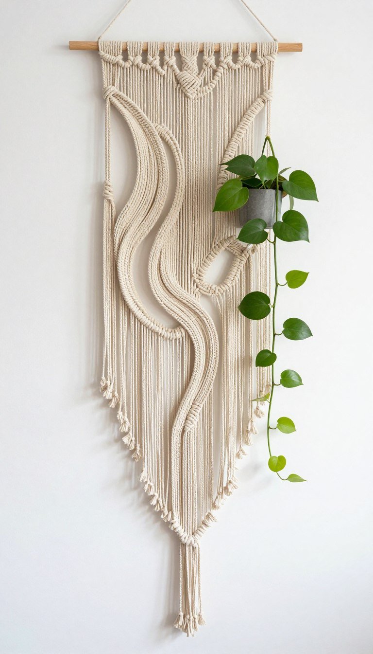 Sculptural wave pattern macrame with flowing organic design