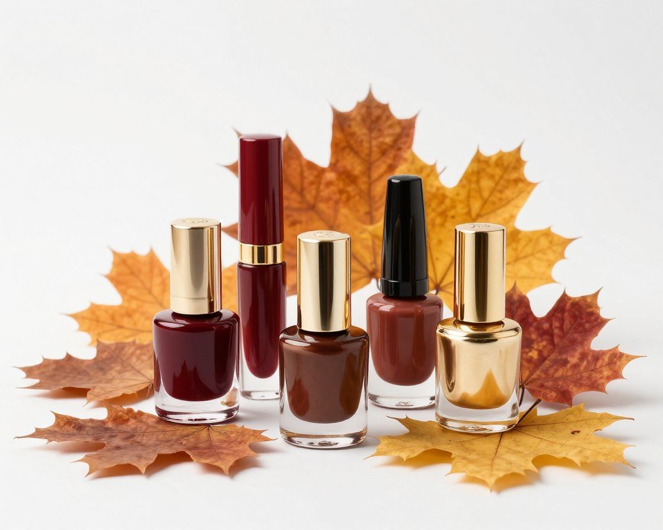 Selection of premium fall nail polish bottles in burgundy, orange, brown, and gold shades for October nails
