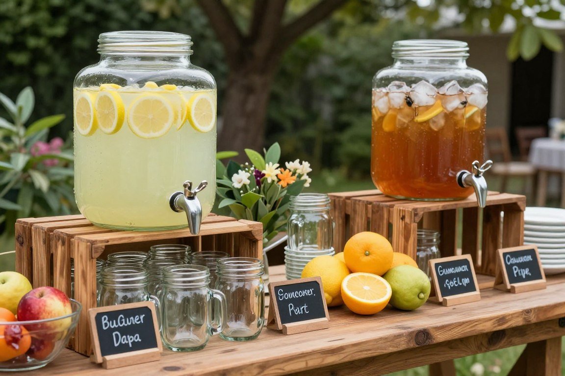 Self-serve drink station with mason jars and beverage dispensers