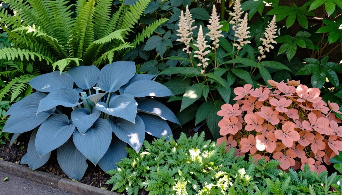 Shade garden showing textural contrasts