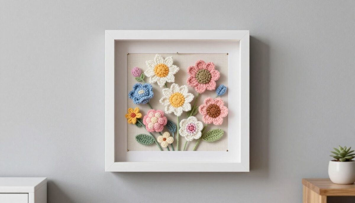 Shadow box frame displaying collection of crochet flowers as wall art