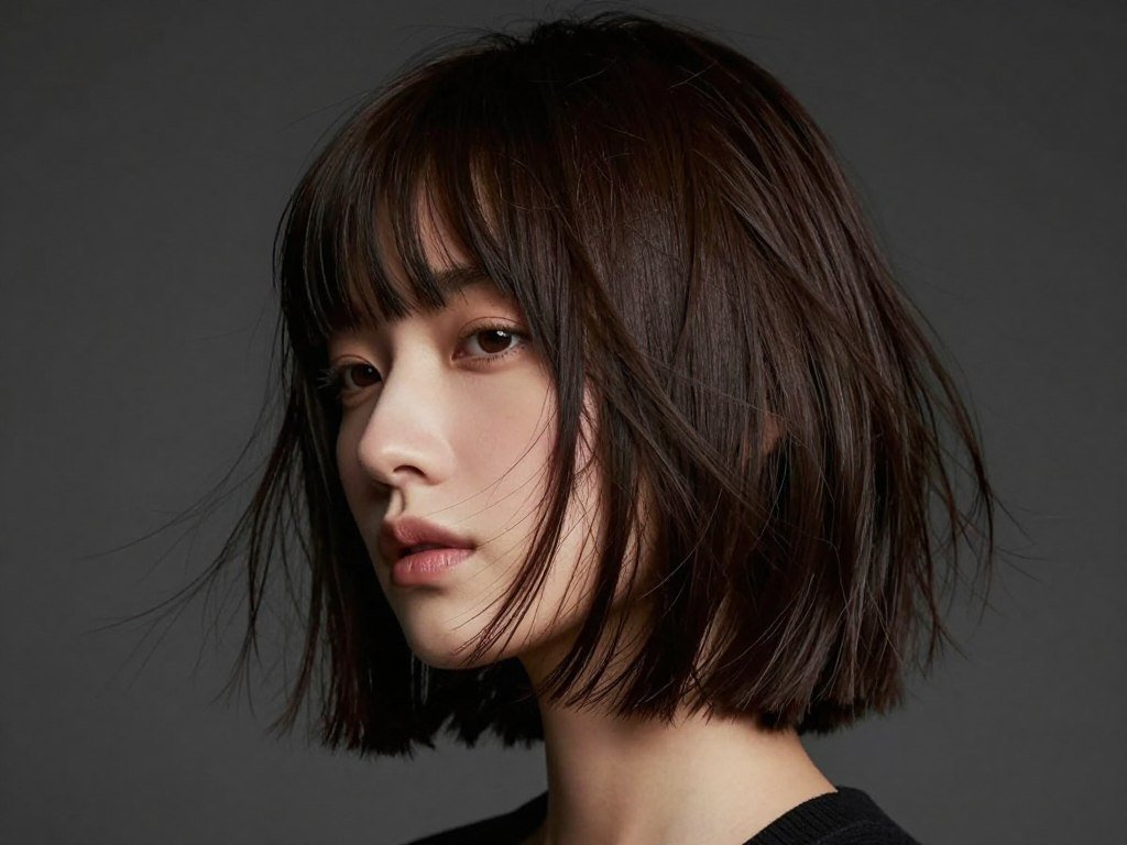 Shaggy bob with full bangs, textured witchy bob style