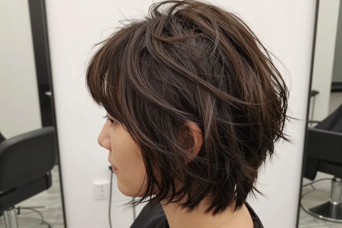 Shaggy choppy bob with heavy texture and layers creating volume for fine hair
