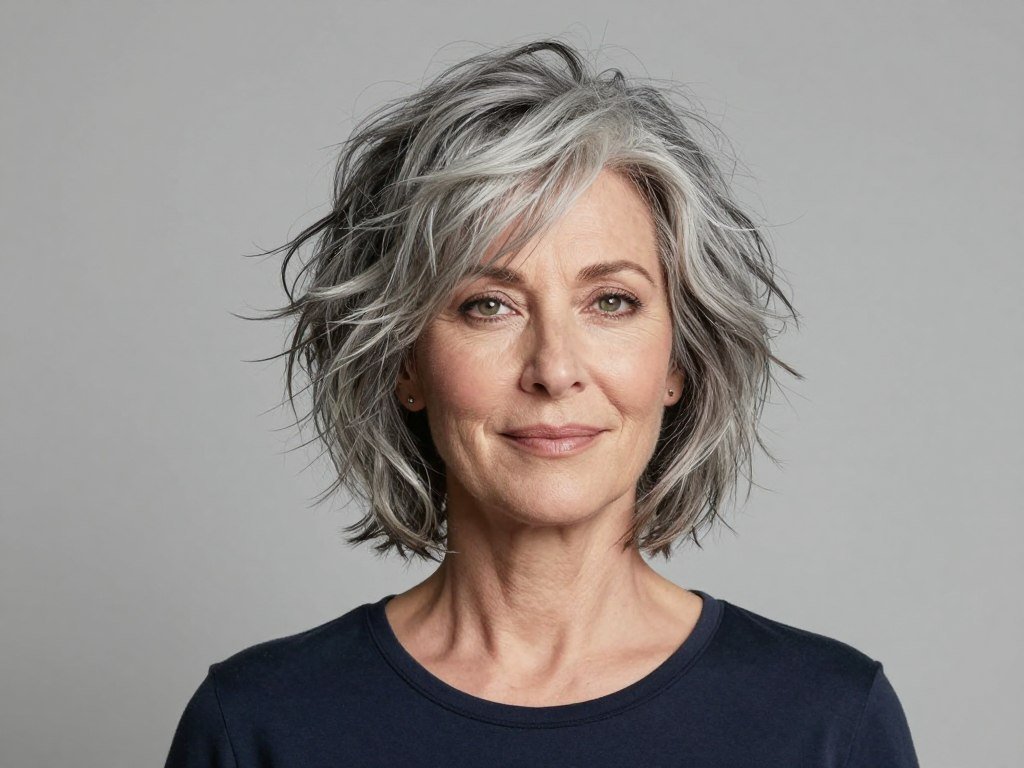 Shaggy gray layers showing relaxed textured styling