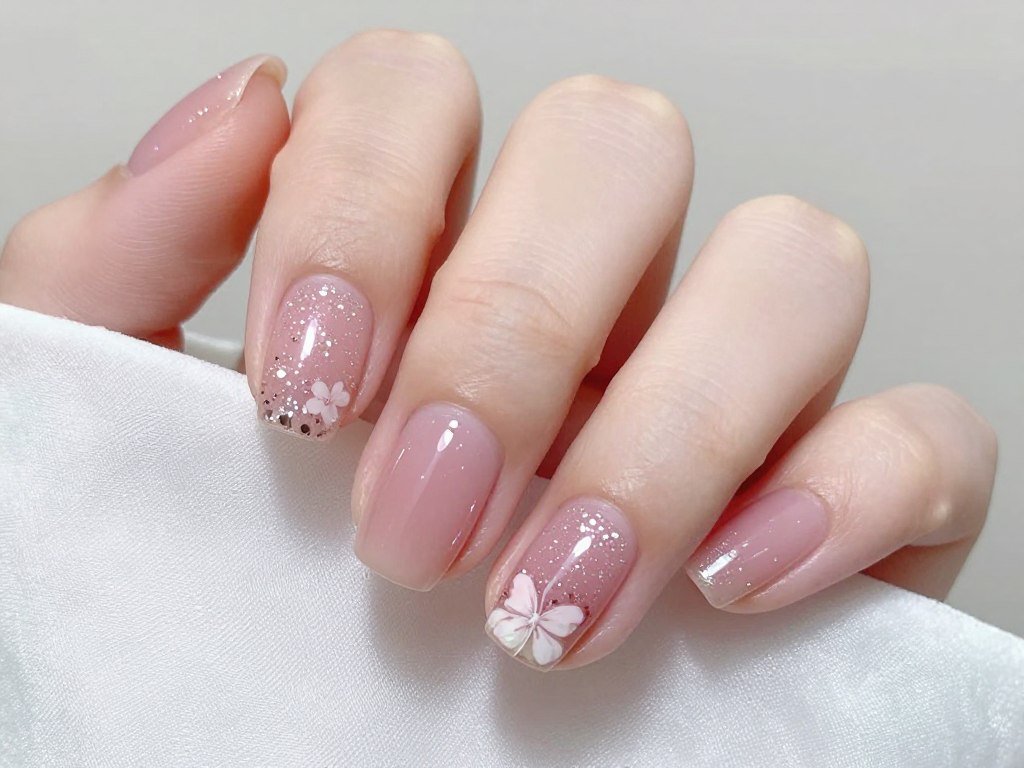 Sheer pink nails with subtle glitter
