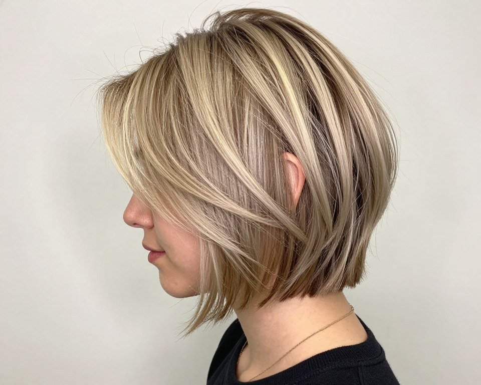 Short bob with blonde balayage showing dimensional color