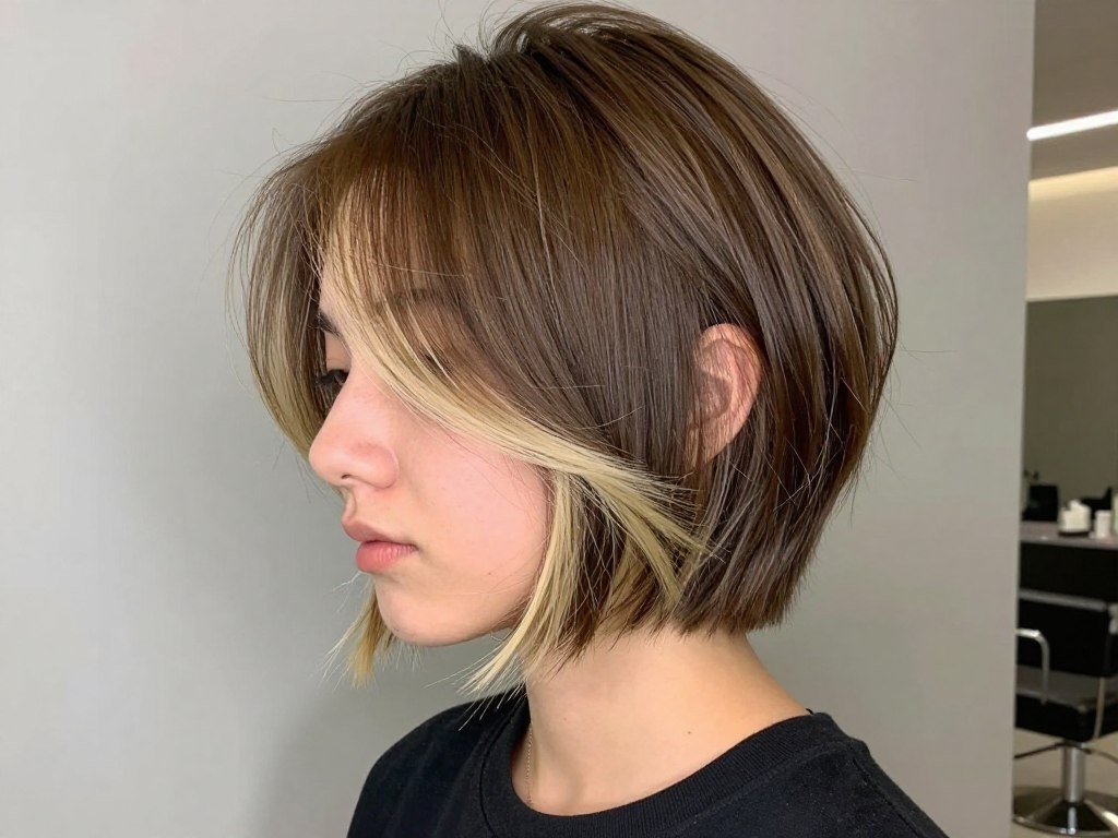 Short brown hair with blonde balayage in pixie or bob cut