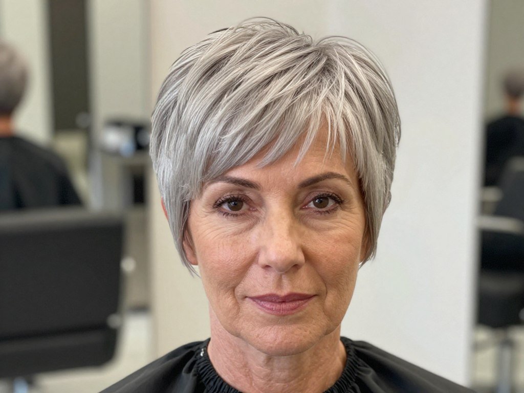 Short hairstyles for women over 50 gray hair featuring classic silver pixie cut