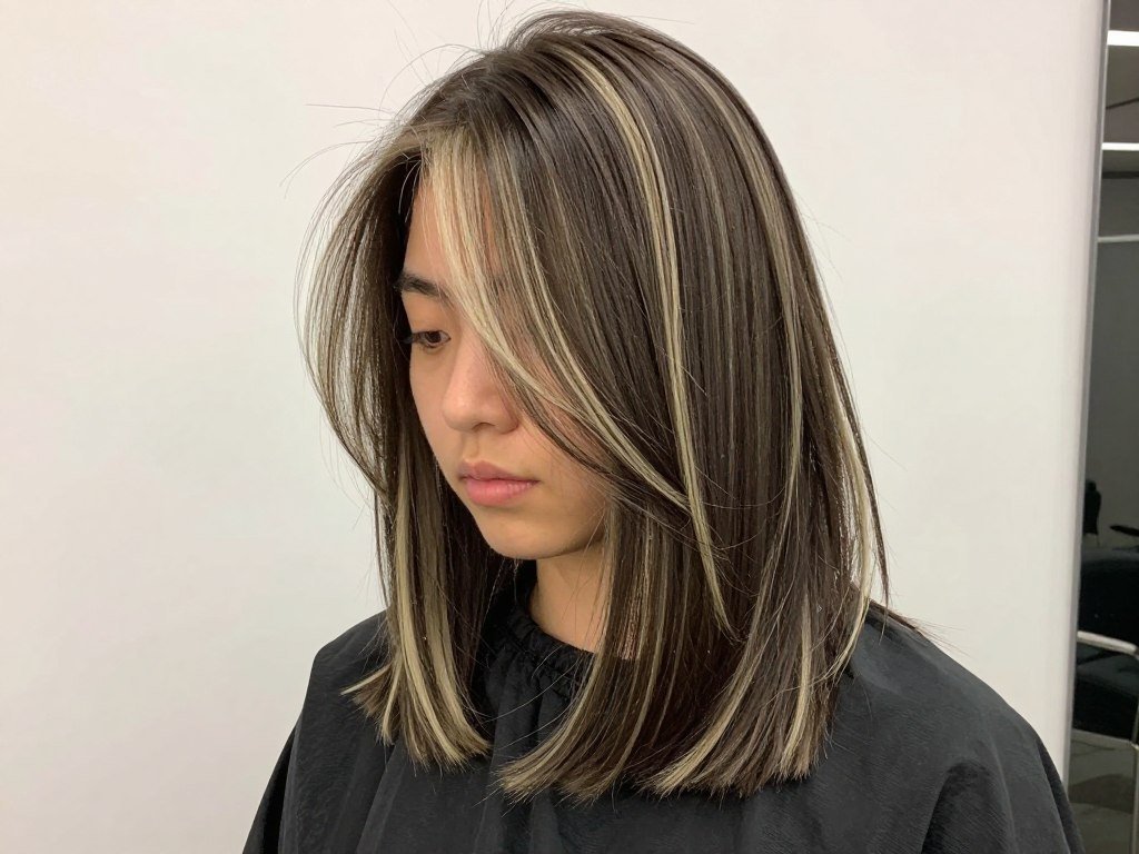 Shoulder-length hair with face-framing money piece highlights