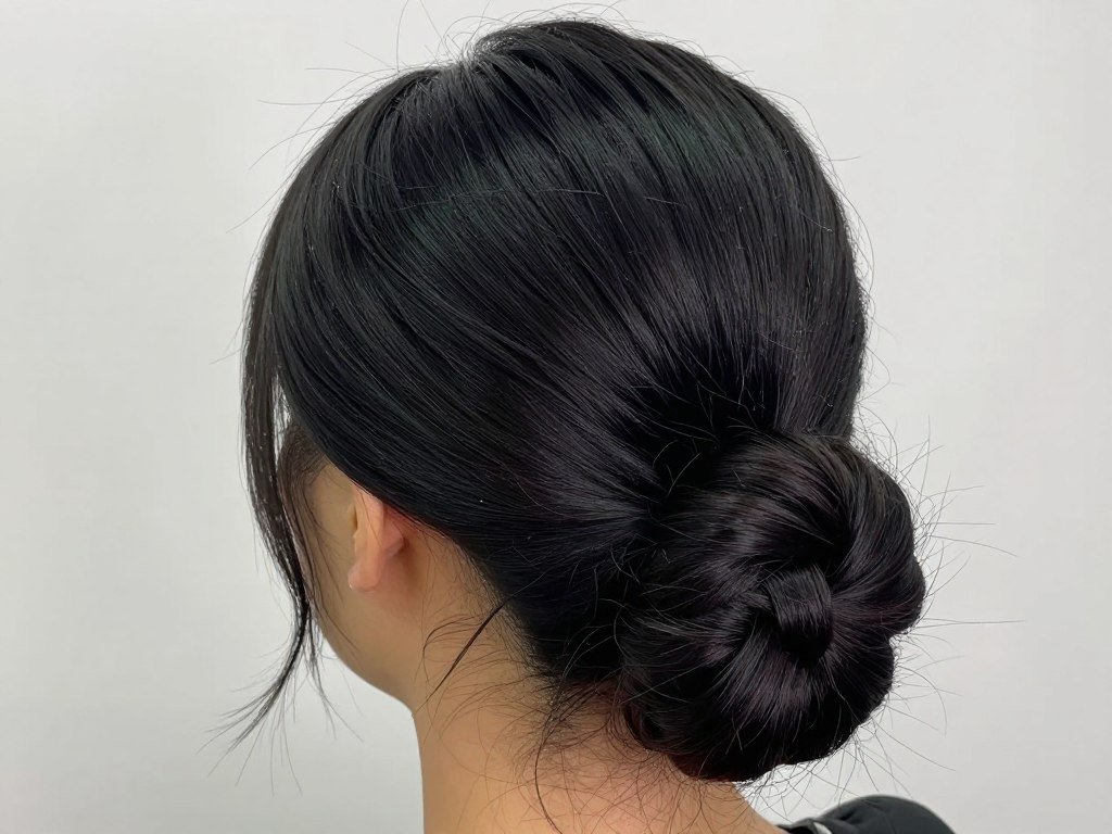 Side bun detail showing off-center nape placement and styling