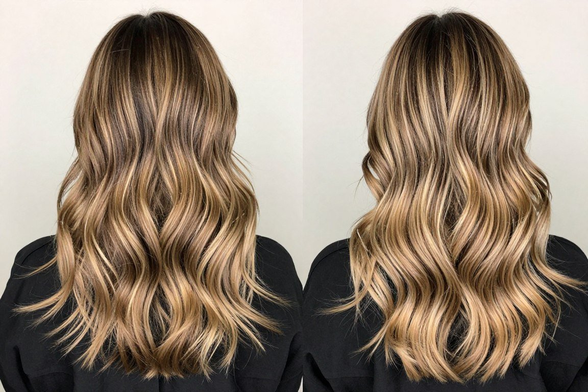 Side by side comparison of balayage and foil highlights