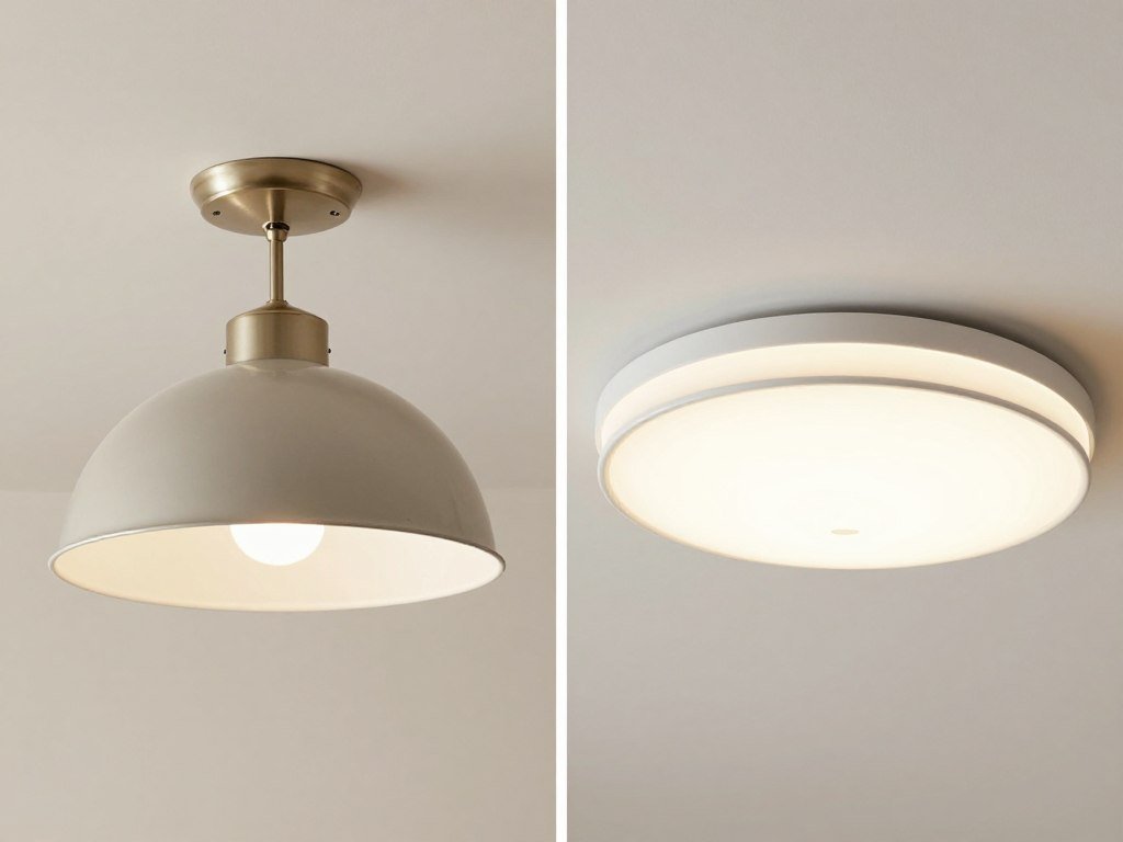 Side by side comparison of outdated boob light and modern flush mount ceiling fixture