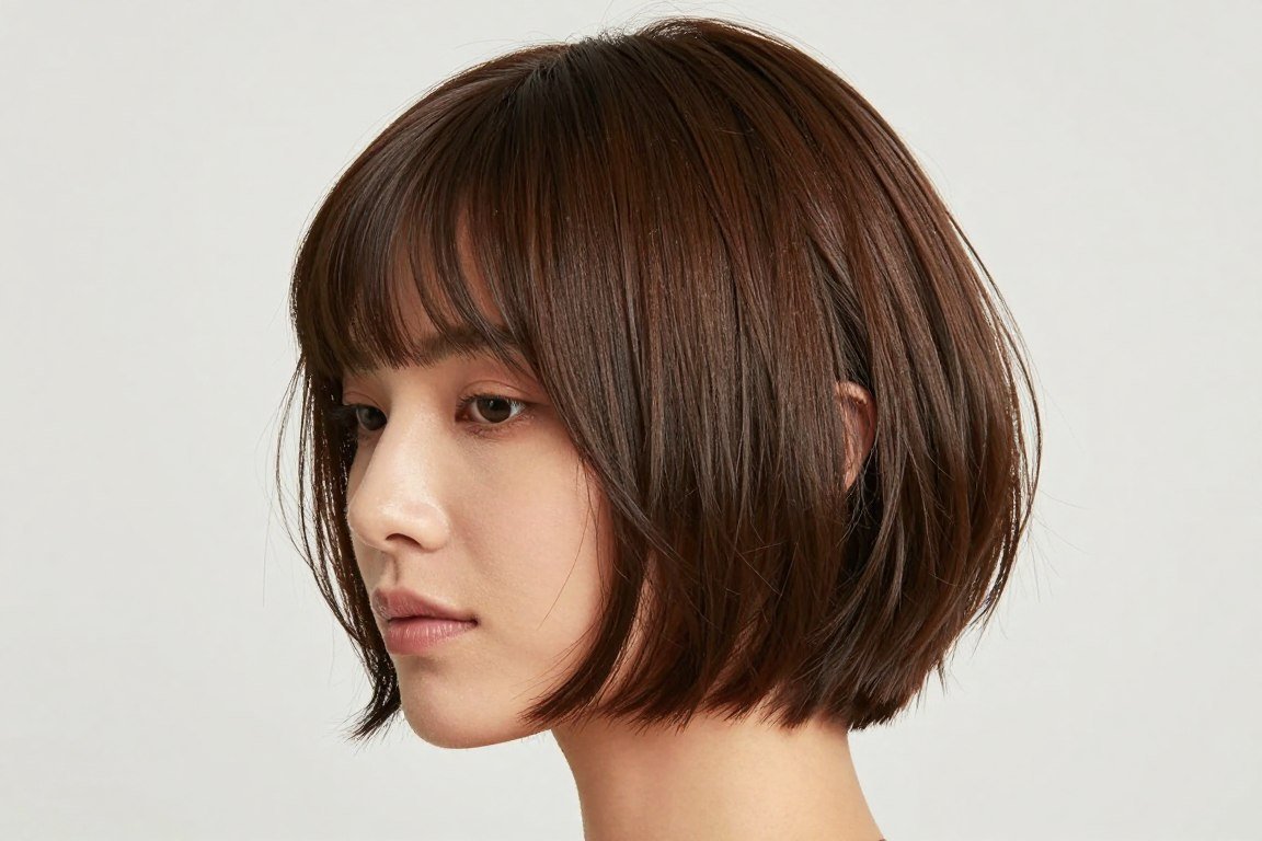 Side-swept bangs paired with choppy bob creating asymmetrical volume for fine hair