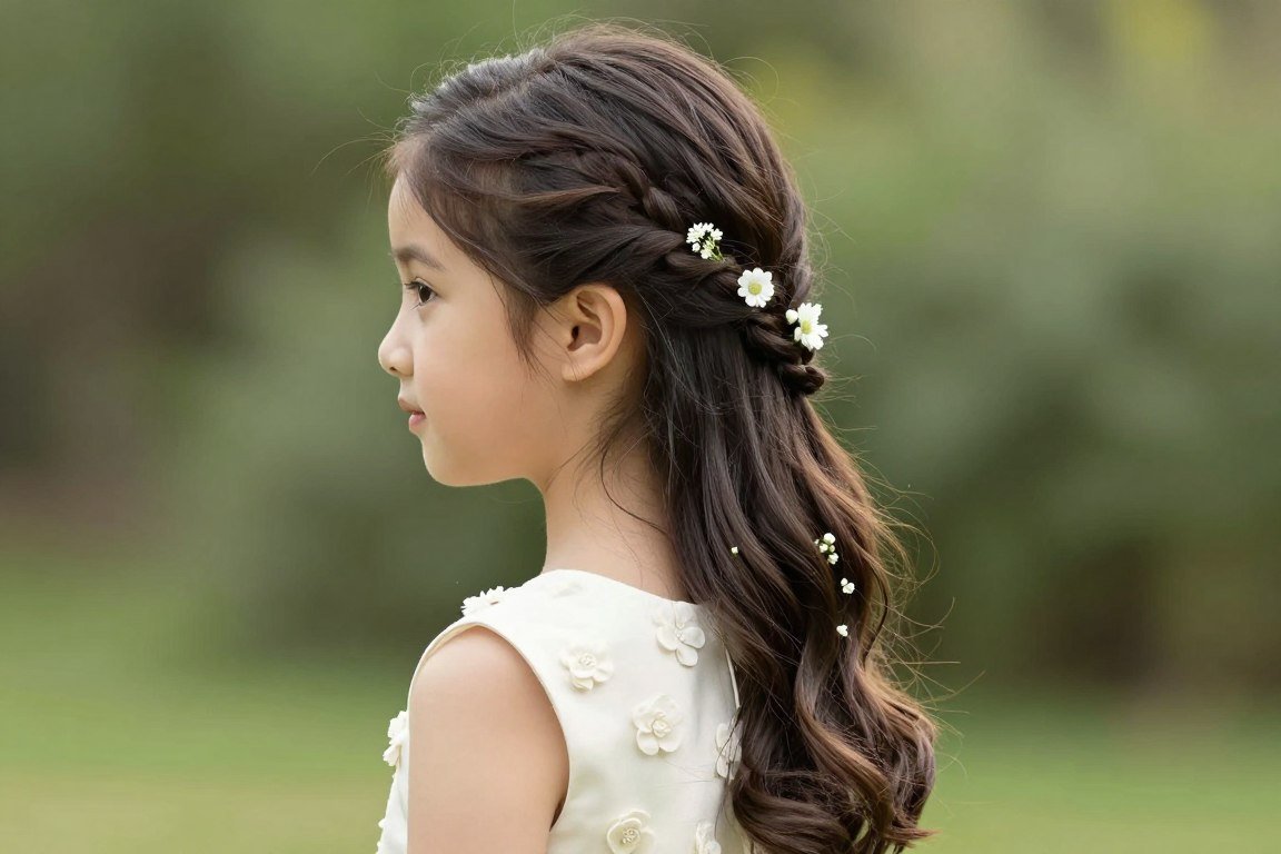 Side-swept fishtail braid wedding hairstyle for young girls