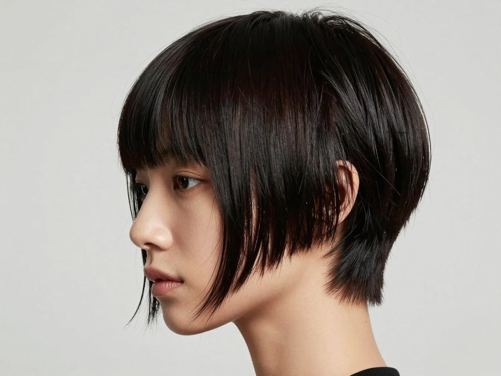 Side-swept pixie haircut with long bangs