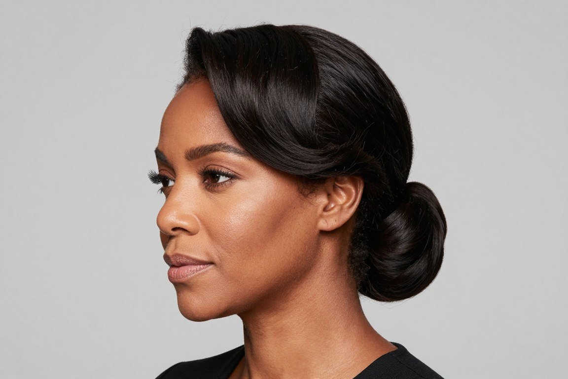 Side-swept roll updo hairstyle for older Black women showing asymmetrical elegance