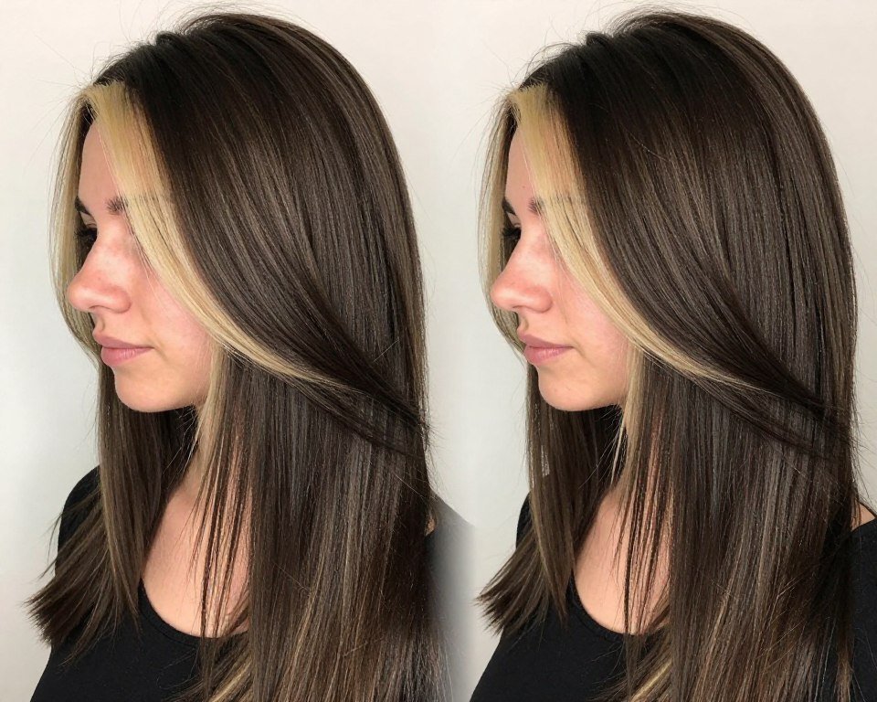 Side view of money piece highlights framing the face on dark brown hair