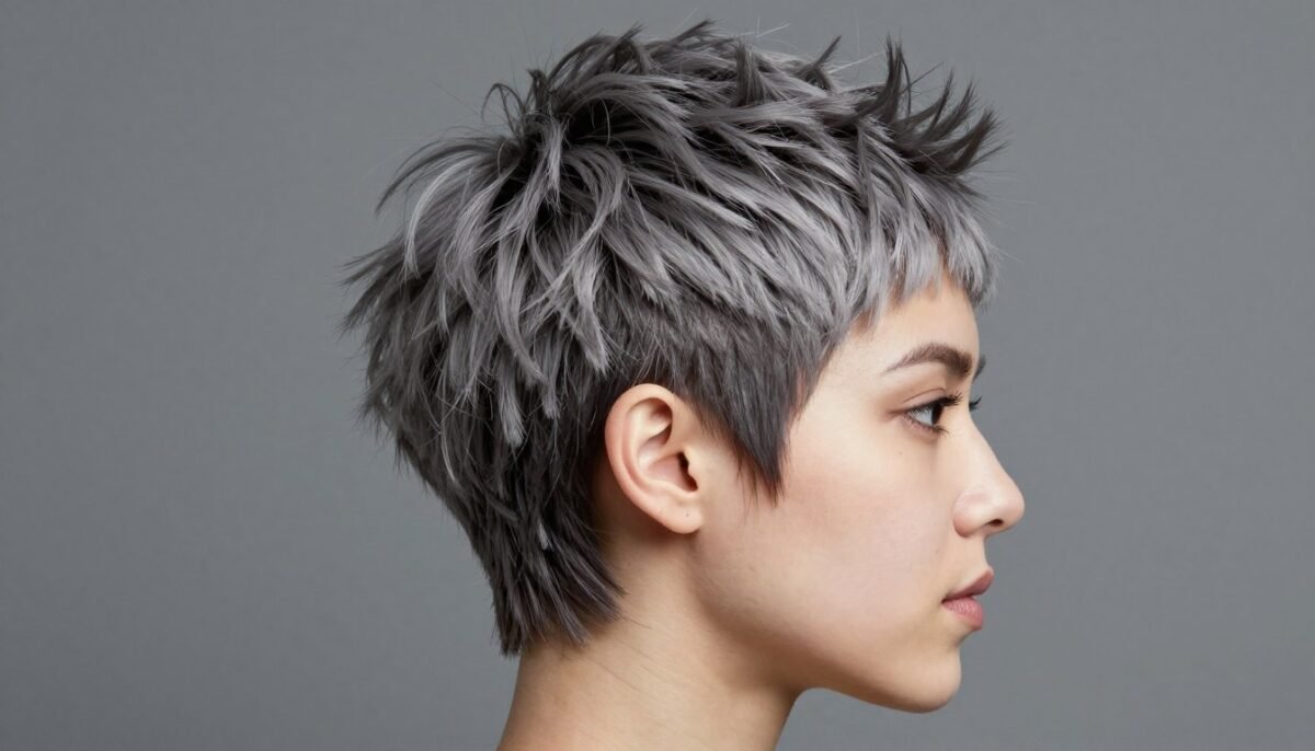 Side view showing layered pixie height and dimension