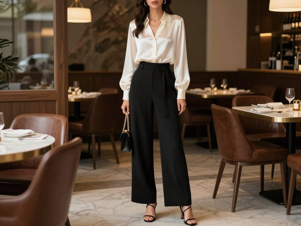 Silk blouse with high-waisted trousers night outfit