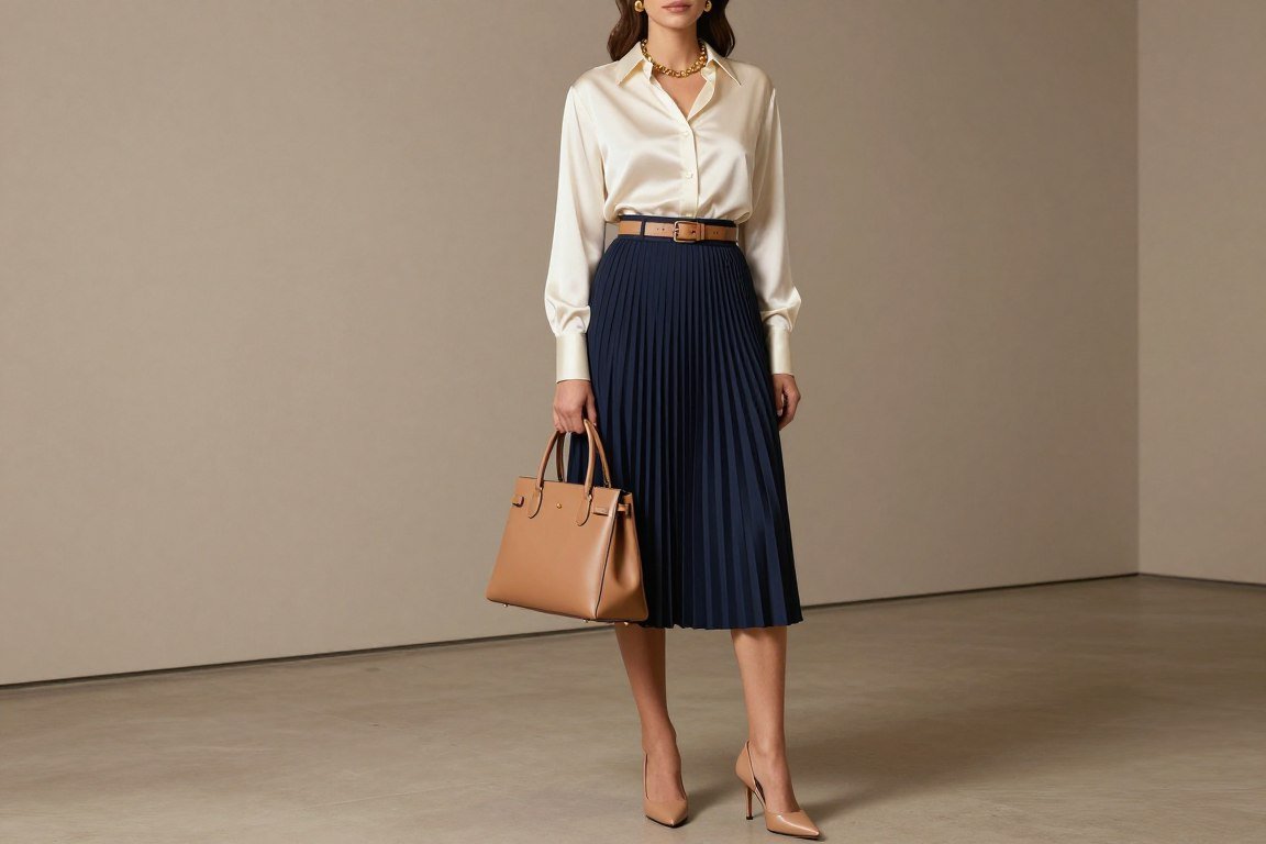Silk blouse with pleated midi skirt elegant Italian fall outfit