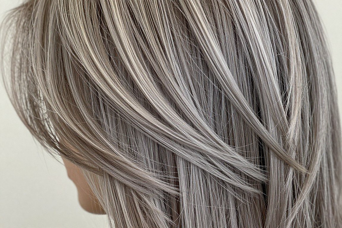 Silver ash blonde highlights showing cool tones in dark hair