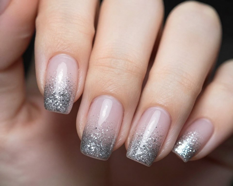 Silver glitter ombre French tips showing gradient effect