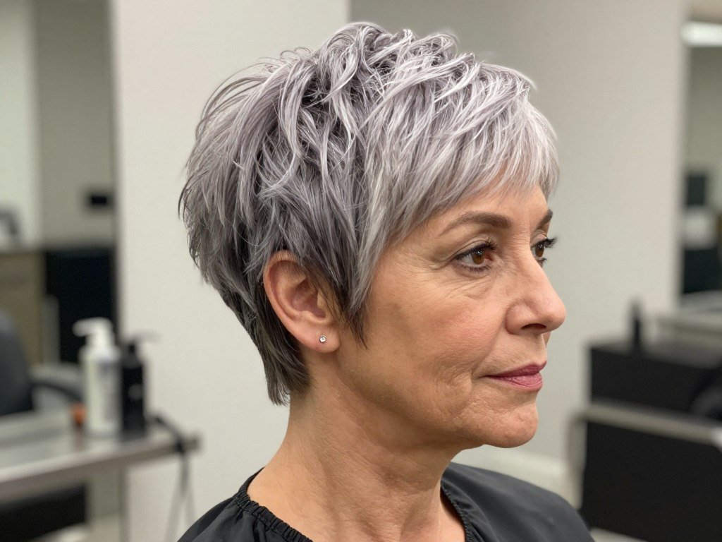Silver pixie bob hybrid style at ear to chin length