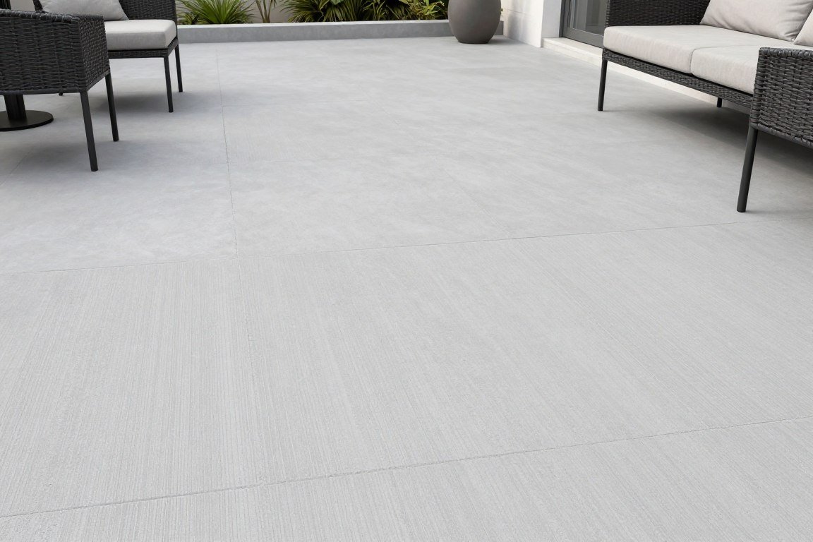 Simple broom finish concrete patio with linear texture in natural gray