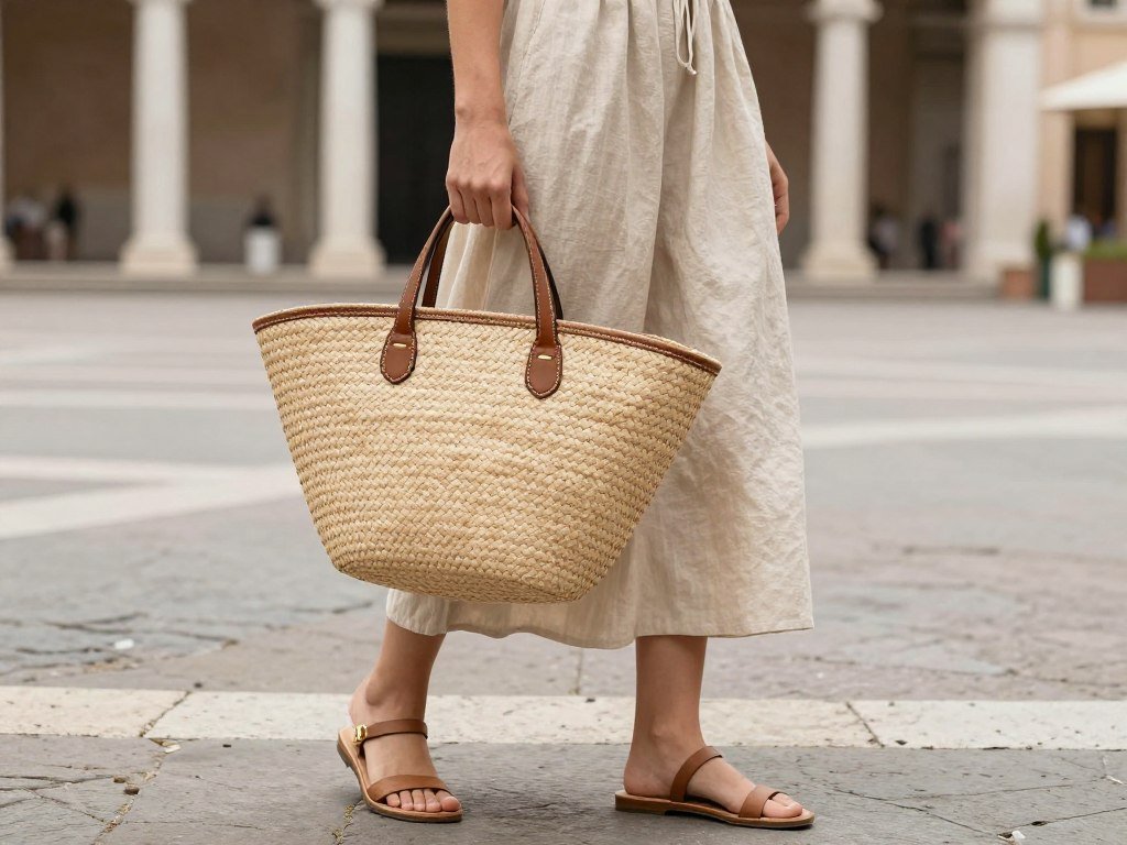 Simple dress with bold straw bag outfit