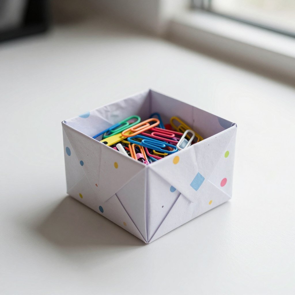 Simple origami box with clean edges holding small office supplies like paper clips and push pins