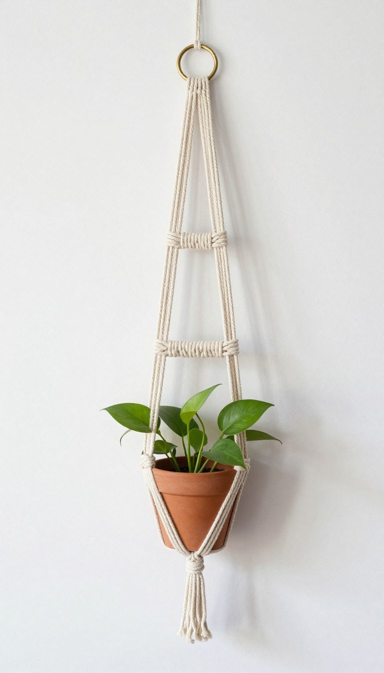 Simple three-strand macrame plant hanger with basic square knots holding a small potted plant