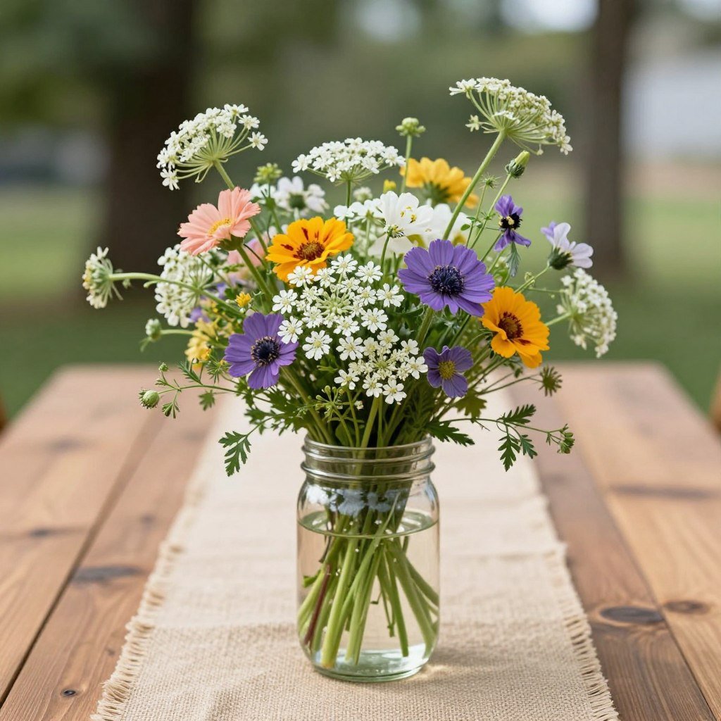 Simple wildflower centerpiece in mason jar for wedding table