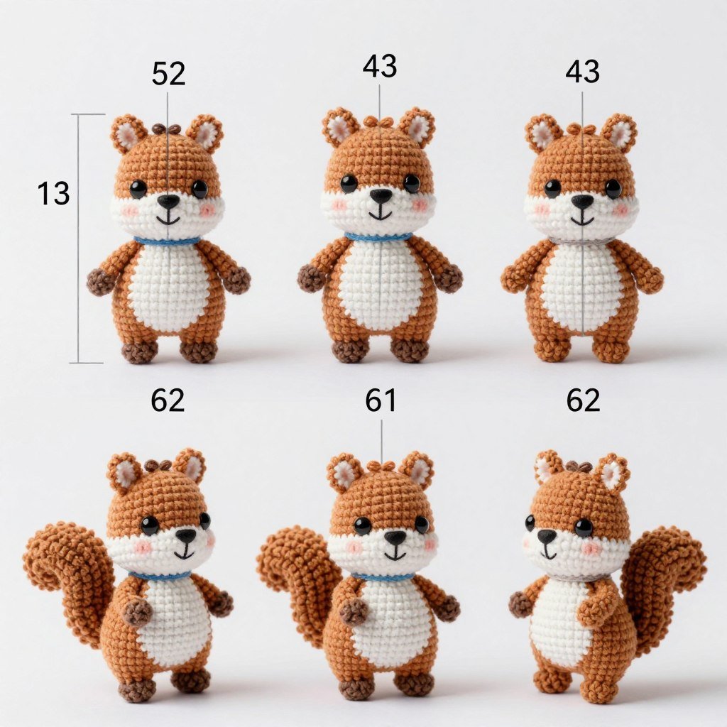 Size comparison of crochet squirrels made with different gauges