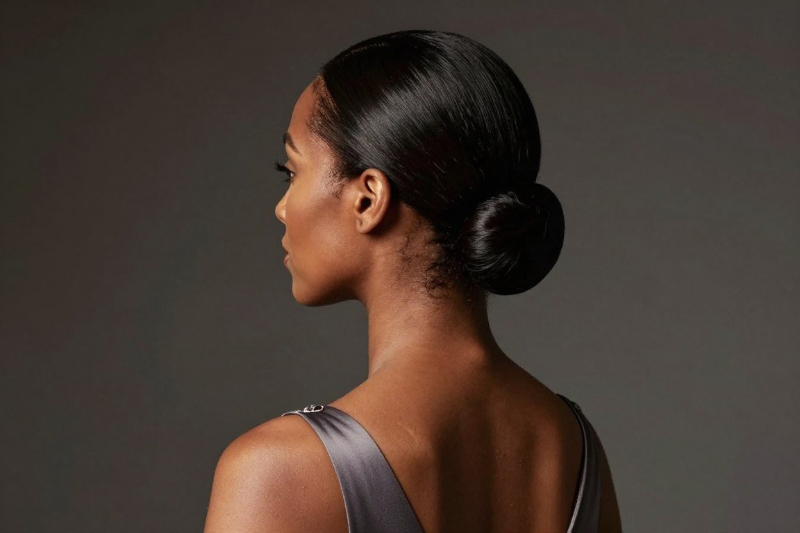 Sleek ballerina bun hairstyle for older Black women at formal events