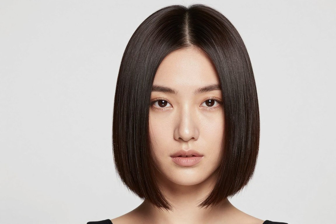 Sleek center-part bob on thin hair showing glossy finish