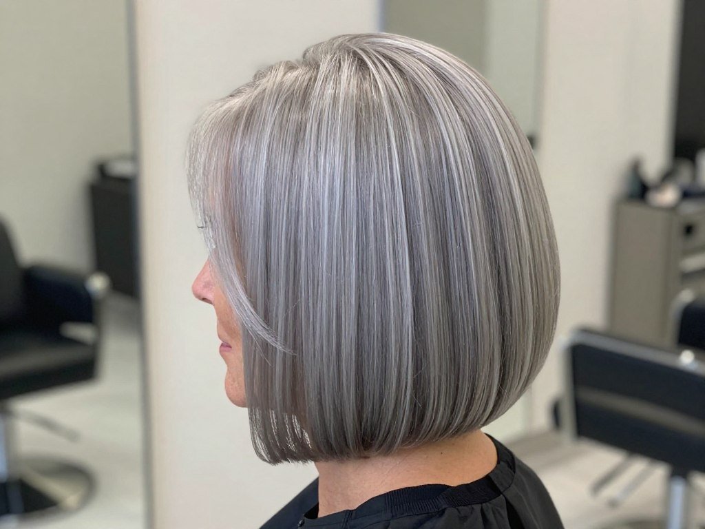 Sleek gray bob with blunt edges showing sharp clean lines