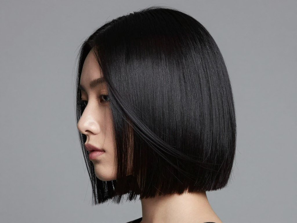 Sleek long bob with deep side part, polished witchy style