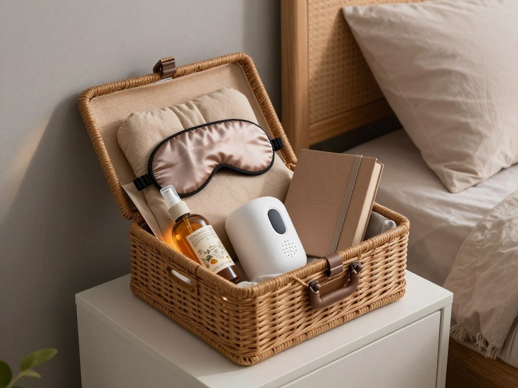 Sleep support gift basket with sleep aids