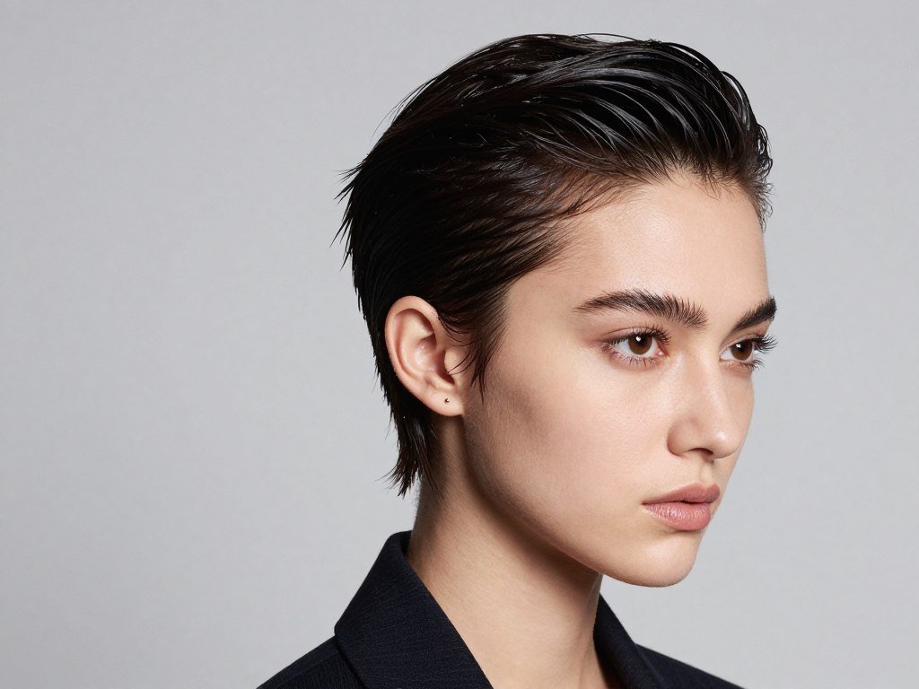 Slicked back pixie haircut with gel