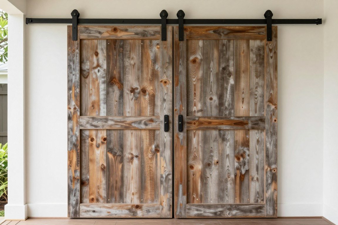 Sliding barn door on farmhouse lanai