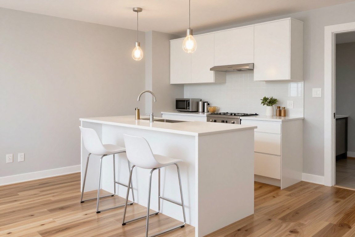 Slim breakfast bar island with seating in compact kitchen