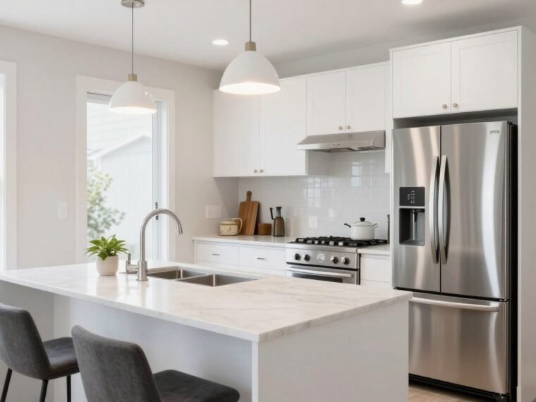 Small kitchen island ideas featuring white cabinets and marble countertop in compact space