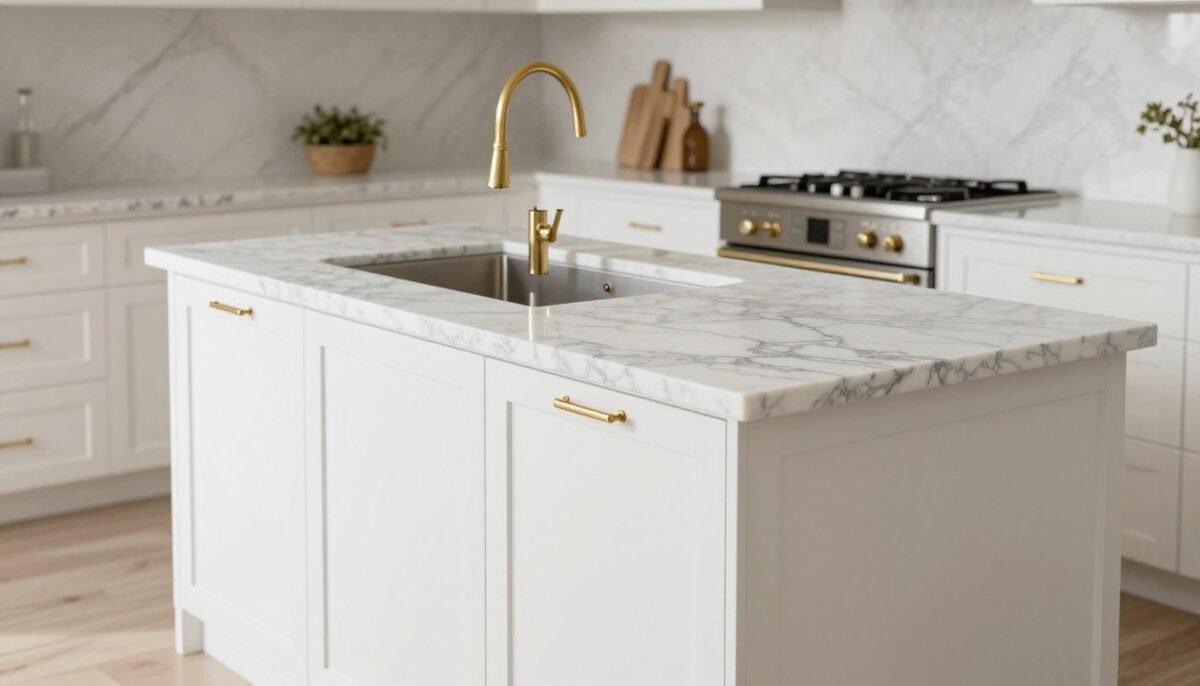 Small kitchen island with Carrara marble countertop