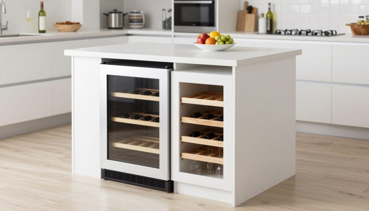 Small kitchen island with built-in wine refrigerator and storage