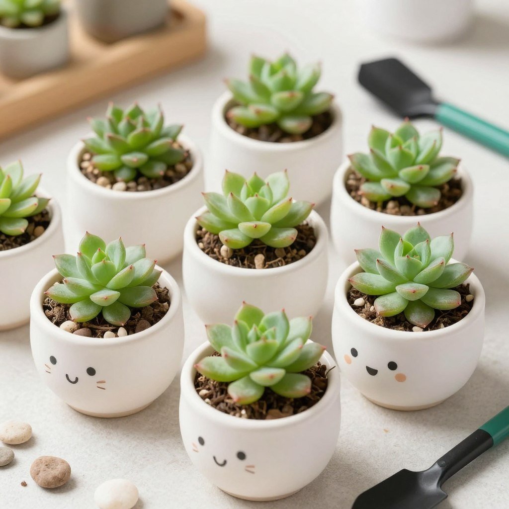Small succulent plants in decorative pots as baby shower prizes