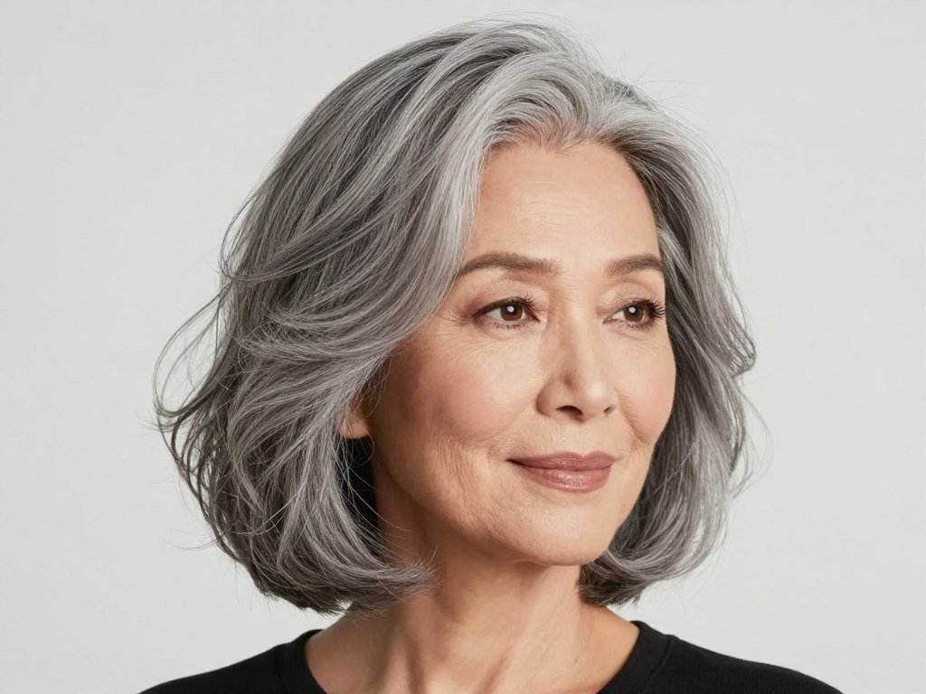 Soft wavy bob in gray hair showing gentle romantic waves